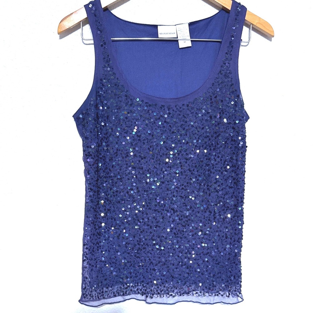Newport News Sequin Tank Top Women's ‎ Medium Navy Blue Scoop Neck Party Glam